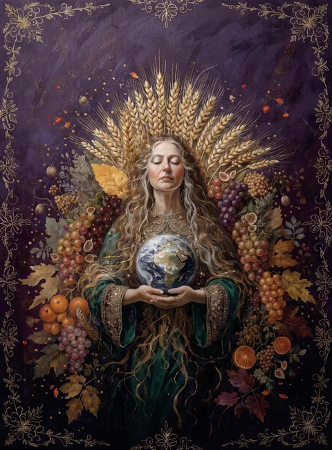 The Mother card: a woman with a sun halo holding a globe among harvest leaves