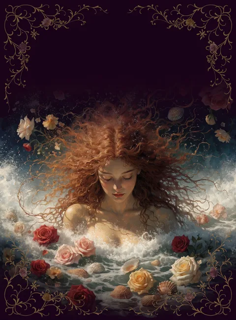 The Lover card: a woman rising from a sea of roses