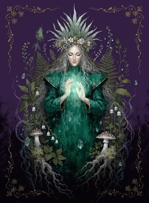 The Healer card: a woman in green holding a book among mushrooms and herbs