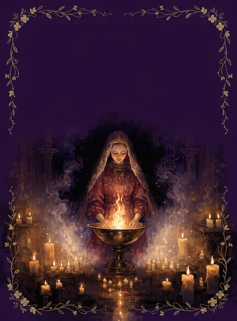 The Mystic card: a veiled woman before a burning chalice, surrounded by candles