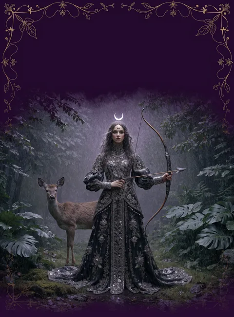 The Huntress card: an archer with a bow beside a deer in a forest