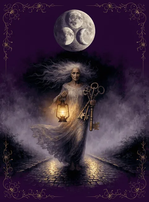 The Wise Woman card: an older woman holding a lantern and keys under the moon