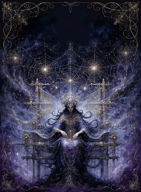 The Weaver card: a woman at a loom weaving a luminous thread