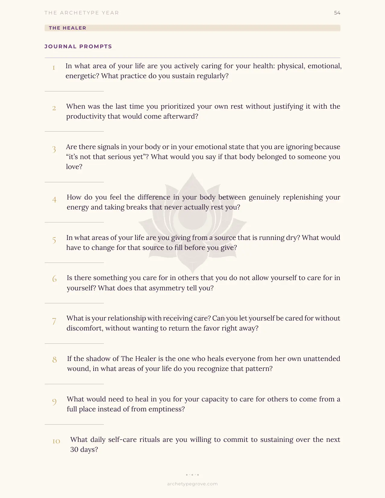 Journal prompts of The Healer (Hygieia)