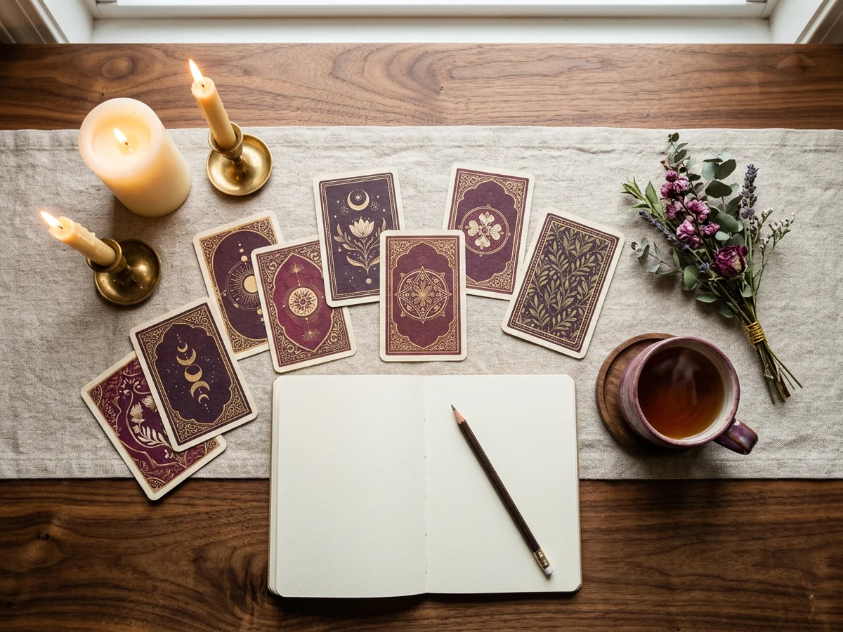 Table ready for the circle: printed material, deck cards, candles and a notebook